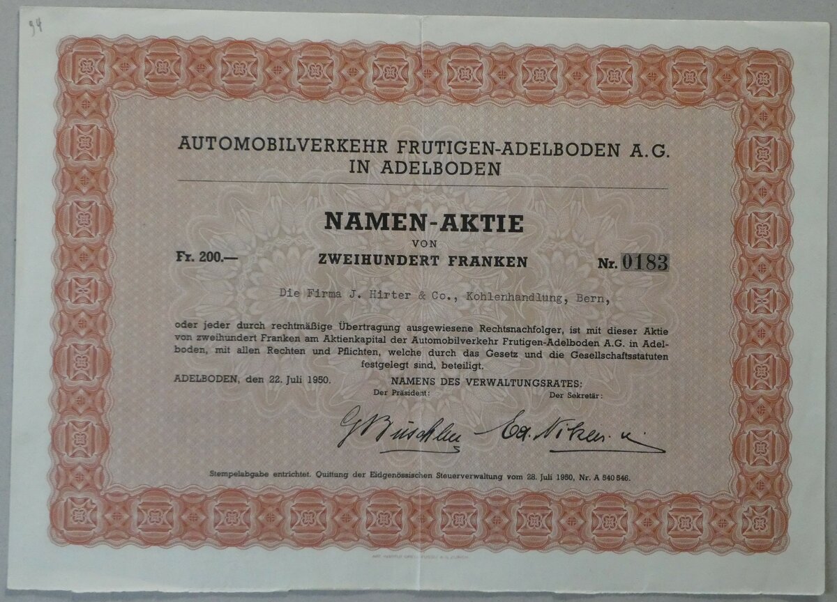 (253'583) - AFA-Aktie Fr. 200.- vom 22. Juli 1950 am 10. August 2023 in Thun