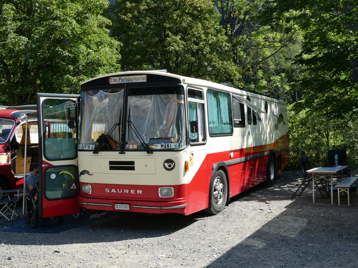 (253'943) - Rogoll - TG 171'031 - Saurer/Tscher (ex P 24'273) am 19. August 2023 in Hoch-Ybrig, Talstation Weglosen