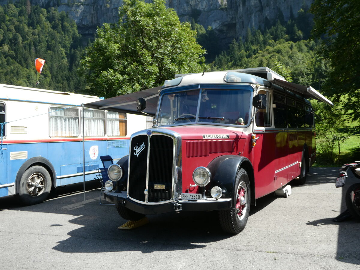 (253'990) - Morger, Horgenberg - ZH 73'310 - Saurer/Tscher (ex P 23'167; ex Casper, Lenzerheide) am 19. August 2023 in Hoch-Ybrig, Talstation Weglosen