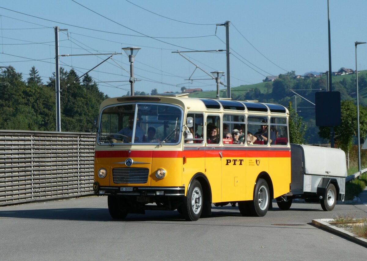 (255'048) - Schmid, Thrishaus - Nr. 9/BE 26'105 - Saurer/R&J (ex Geiger, Adelboden Nr. 9) am 10. September 2023 beim Bahnhof Reichenbach