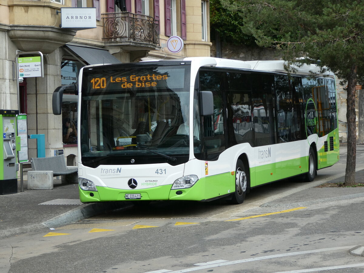 (255'222) - transN, La Chaux-de-Fonds - Nr. 431/NE 220'431 - Mercedes am 16. September 2023 beim Bahnhof Neuchtel