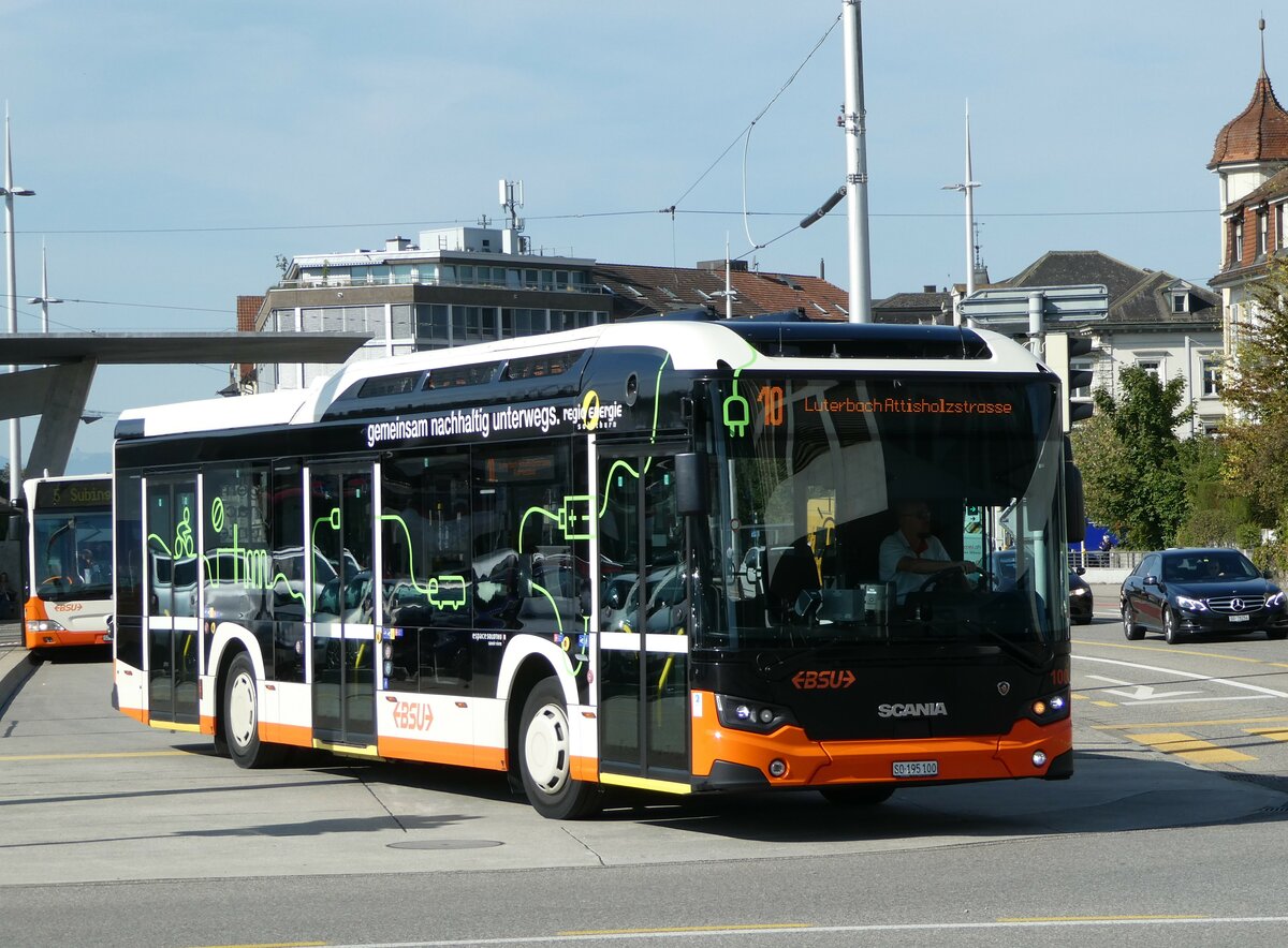 (255'639) - BSU Solothurn - Nr. 100/SO 195'100 - Scania am 28. September 2023 beim Hauptbahnhof Solothurn