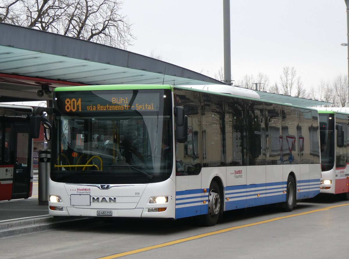 (258'537) - StadtBUS, Frauenfeld - Nr. 919/SG 482'215 - MAN (ex RTB Altsttten Nr. 919; ex PostBus/A BD 15'352) am 9. Januar 2024 beim Bahnhof Frauenfeld