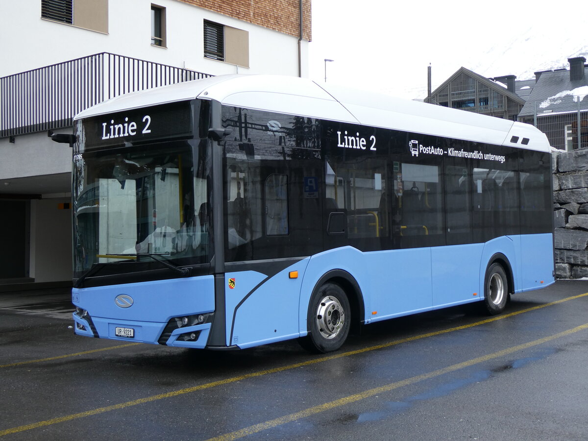 (259'258) - Mattli, Wassen - UR 9221/PID 11'795 - eSolaris (ex PostAuto Bern BE 90'275; ex PostAuto Bern BE 610'546) am 10. Februar 2024 in Andermatt, Bahnhofplatz