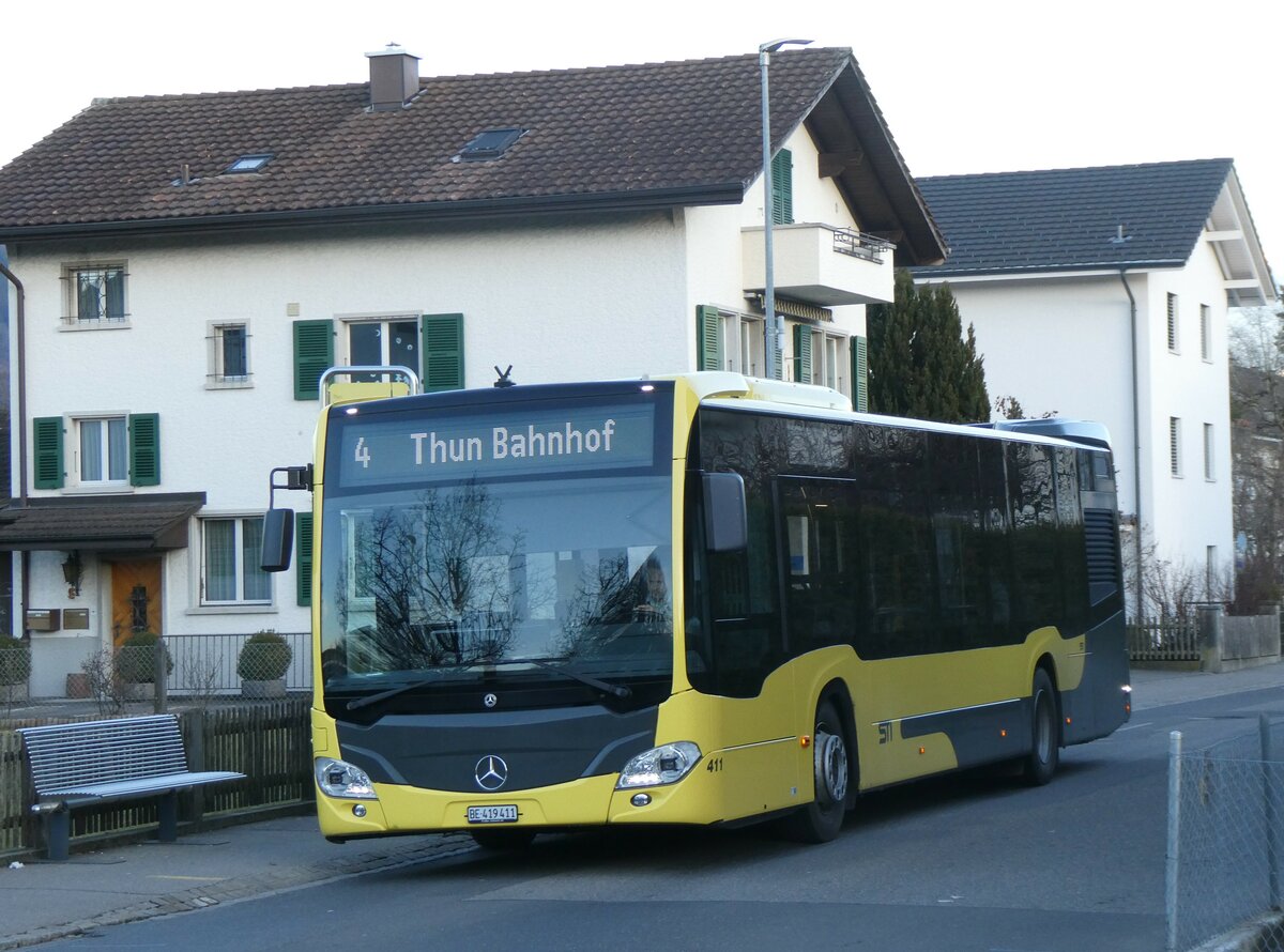 (259'321) - STI Thun - Nr. 411/BE 419'411 - Mercedes am 13. Februar 2024 in Thun-Lerchenfeld, Endstation