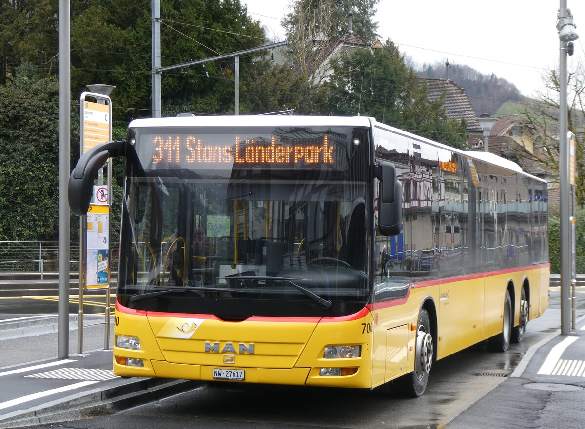 (260'289) - PostAuto Zentralschweiz - Nr. 700/NW 27'617/PID 5569 - MAN (ex Niederer, Filzbach Nr. 12; ex PostAuto Ostschweiz) am 12. Mrz 2024 beim Bahnhof Stans