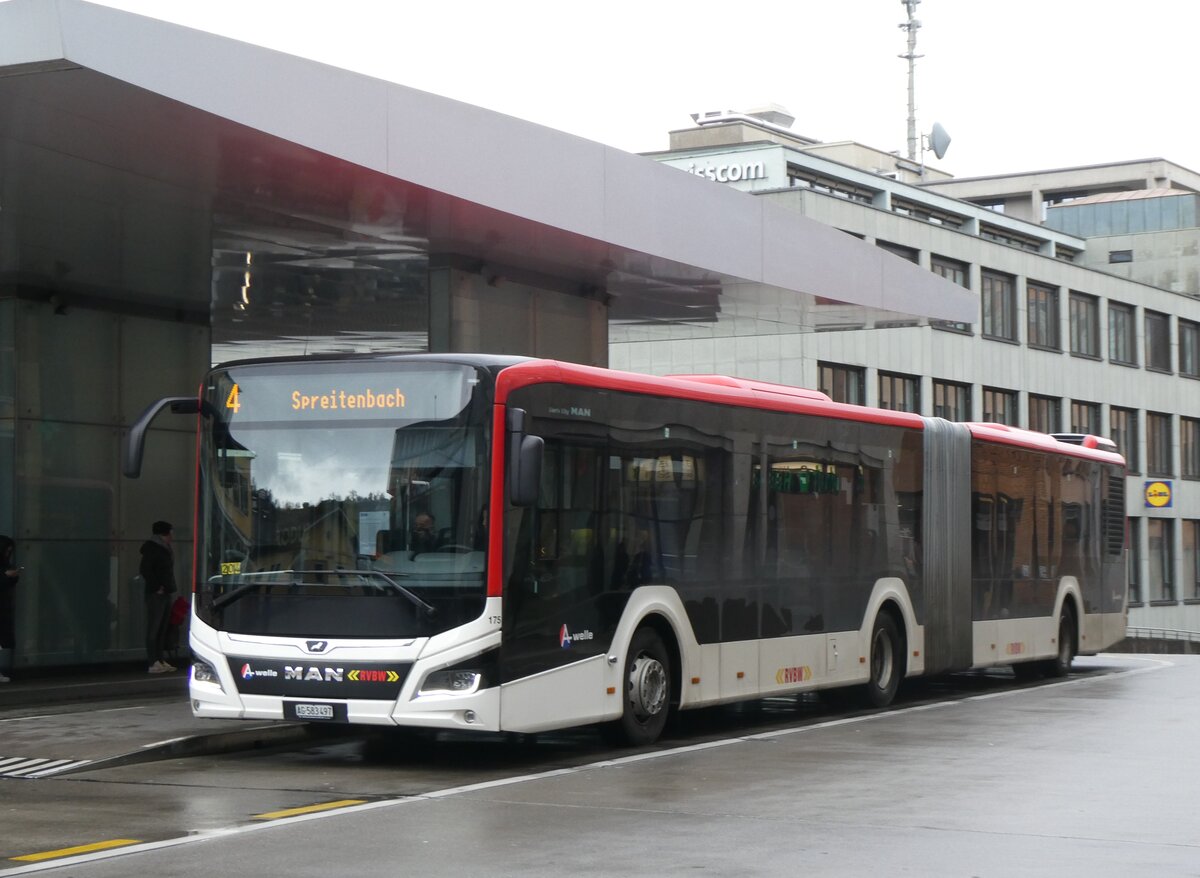 (260'715) - RVBW Wettingen - Nr. 175/AG 583'497 - MAN (ex AHW Horgen Nr. 611) am 28. Mrz 2024 beim Bahnhof Baden