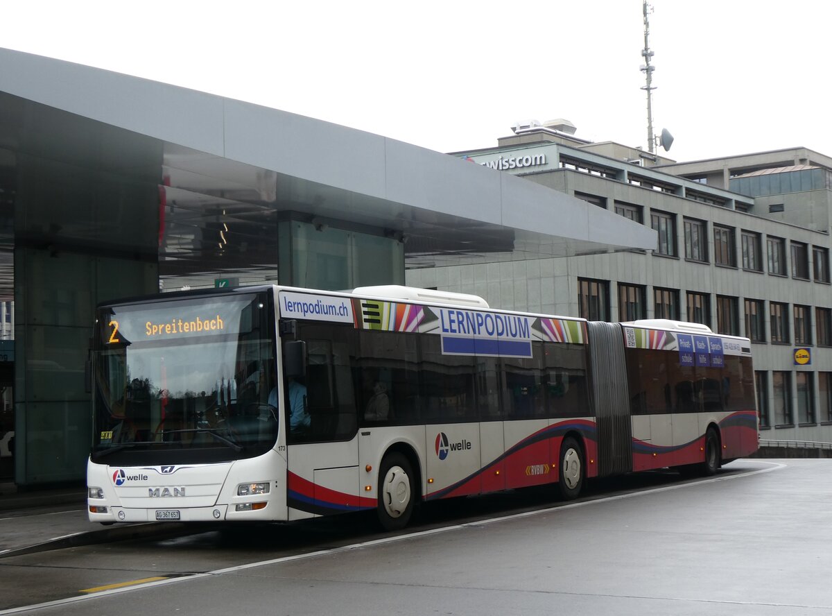 (260'741) - RVBW Wettingen - Nr. 173/AG 367'657 - MAN am 28. Mrz 2024 beim Bahnhof Baden