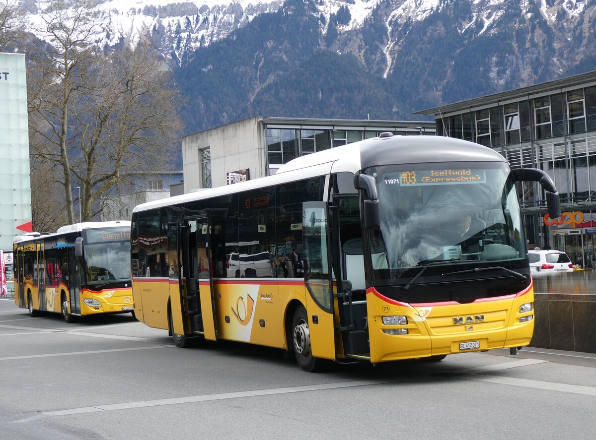 (260'986) - PostAuto Bern - Nr. 71/BE 412'071/PID 11'071 - MAN (ex PostAuto Zentralschweiz Nr. 20; ex Dillier, Sarnen Nr. 20) am 4. April 2024 beim Bahnhof Interlaken Ost