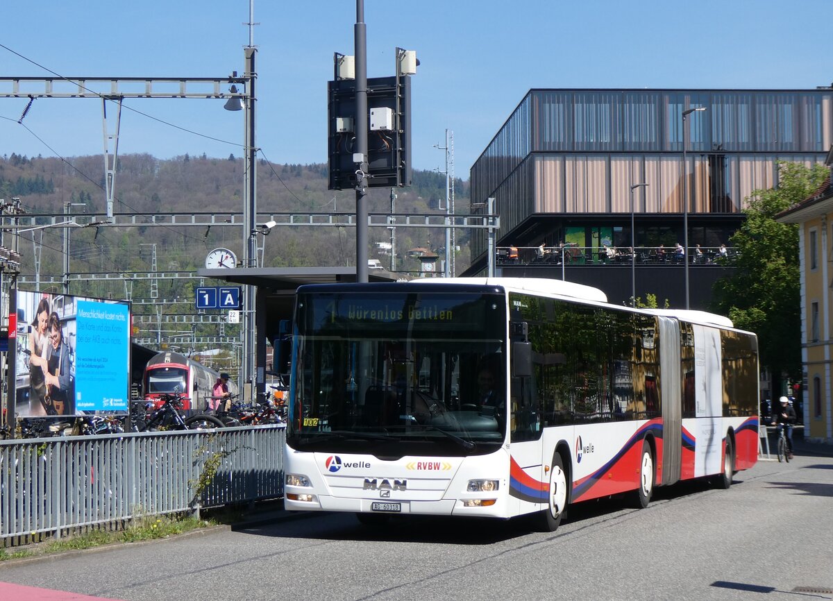 (261'142) - RVBW Wettingen - Nr. 166/AG 60'318 - MAN am 12. April 2024 beim Bahnhof Baden