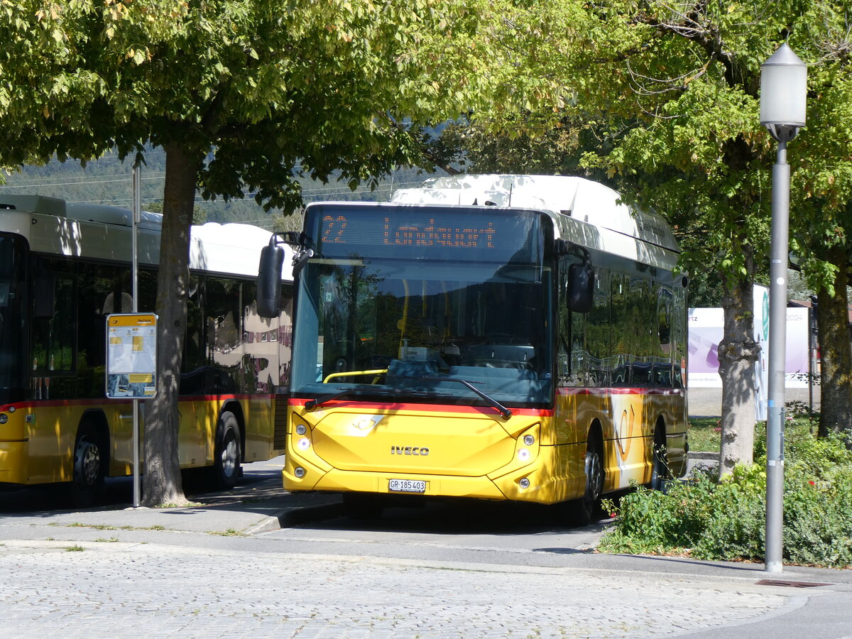 (266'239) - Gessinger, Bad Ragaz - GR 185'403/PID 11'900 - eHeuliez-Iveco am 27. August 2024 beim Bahnhof Bad Ragaz