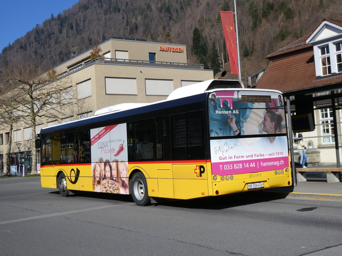 (273'057) - PostAuto Bern - BE 836'434/PID 10'340 - Solaris (ex Nr. 581) am 18. Mrz 2025 beim Bahnhof Interlaken Ost