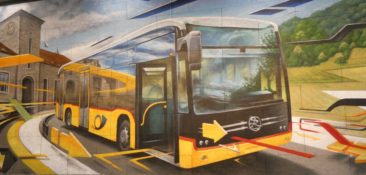 (273'341) - Wandbild in der Garage von PU Stutz mit einem eCitaro am 29. Mrz 2025 in Affoltern, Garage