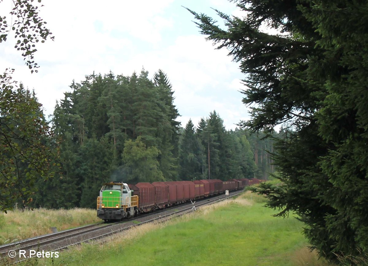 277 004 alias V1700.03 mit einem leeren Holzzug aus Wiesau nach Cheb kurz vor Pechbrunn. 30.07.16