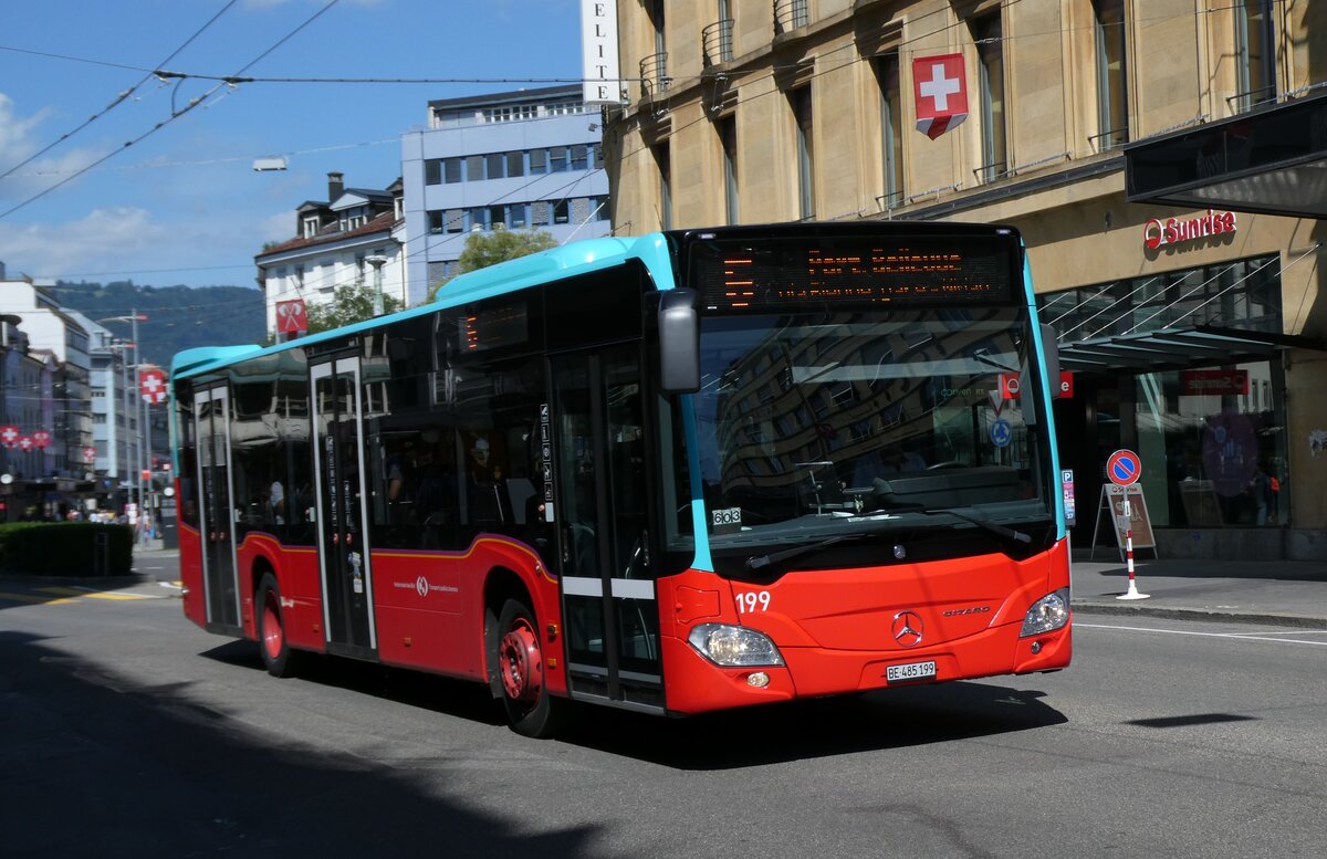 (278'501) - VB Biel - Nr. 199/BE 485'199 - Mercedes (ex Binggeli, Studen) am 4. August 2025 beim Bahnhof Biel