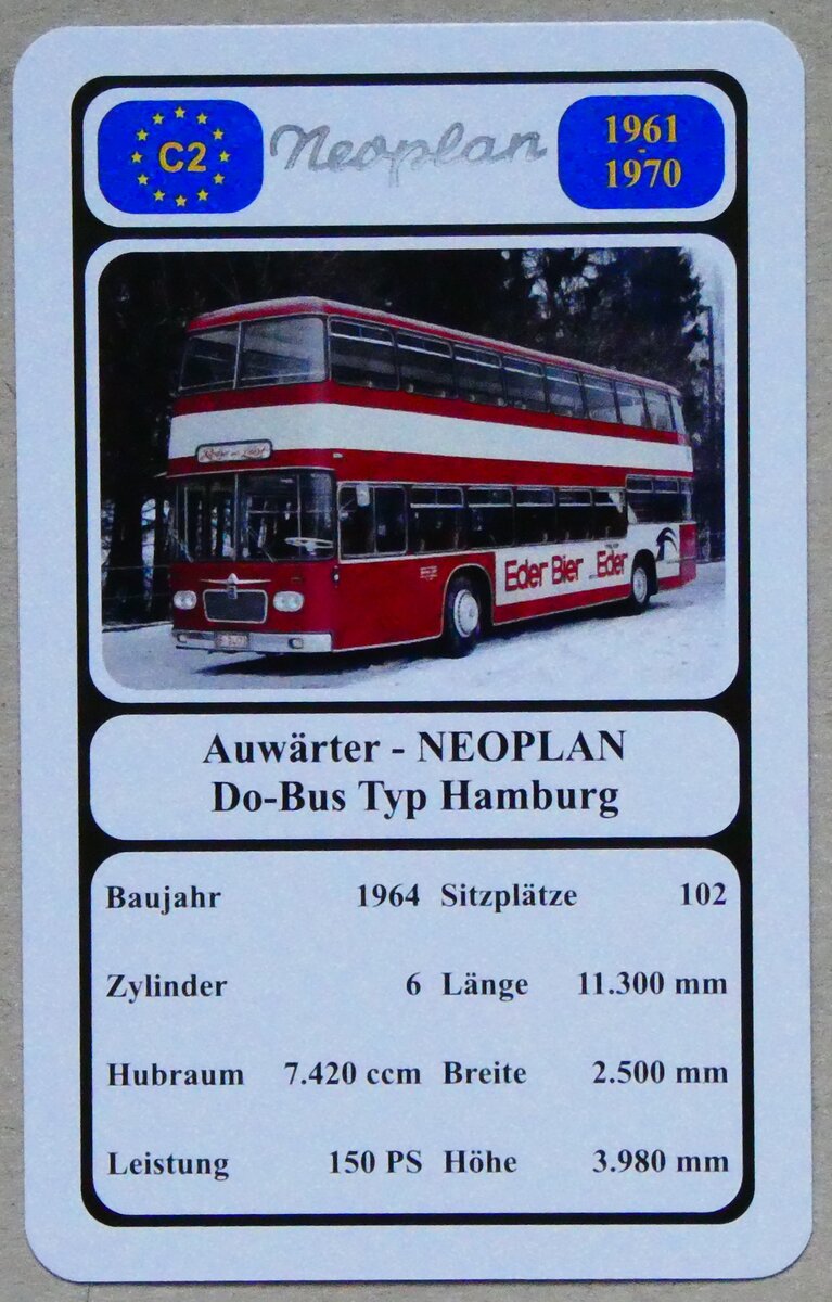 (279'128) - Quartett-Spielkarte mit Auwrter - NEOPLAN Do-Bus Typ Hamburg von 1964 am 17. August 2025 in Thun 