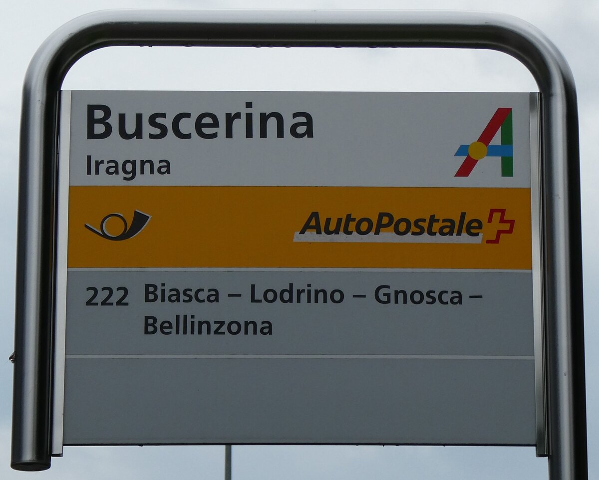 (280'338) - PostAuto-Haltestellenschild - Iragna, Buscerina - am 13. September 2025 (280'338) - PostAuto-Haltestellenschild - Iragna, Buscerina - am 13. September 2025