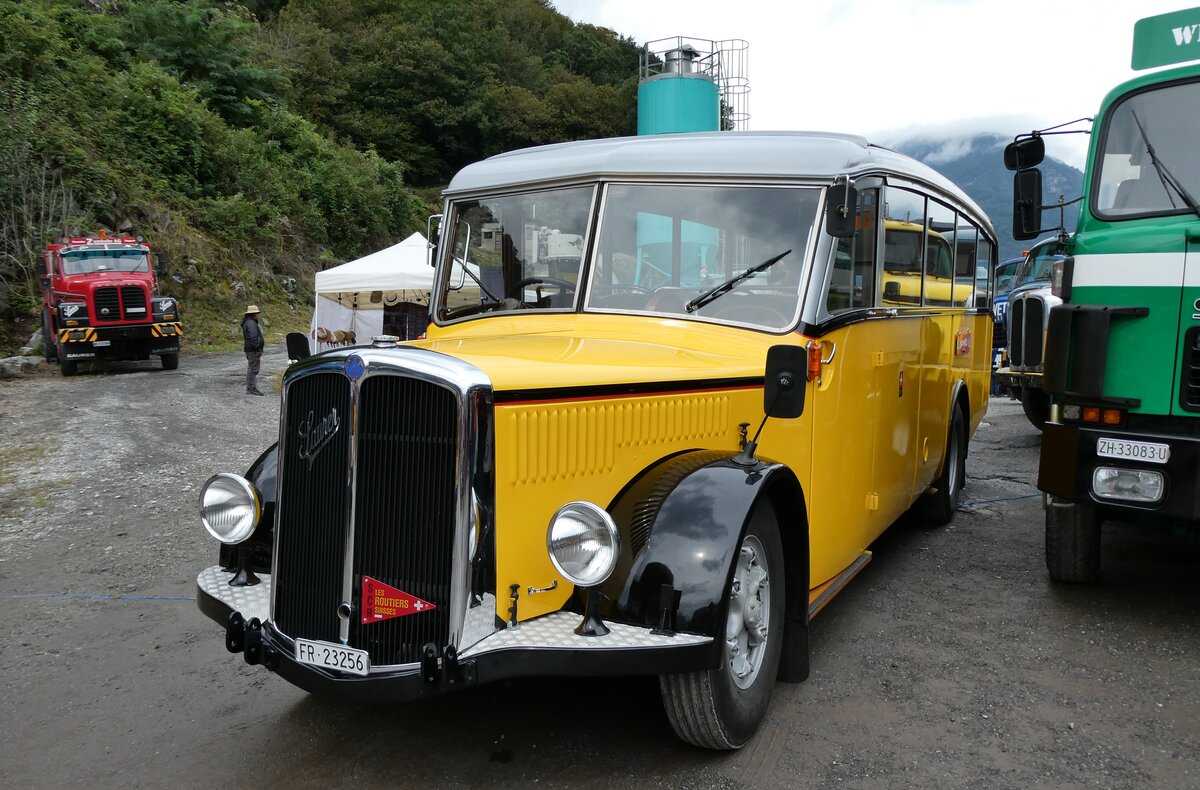 (280'352) - Schmutz, Vaulruz - FR 23'256 - Saurer/Saurer (ex Nestlé; ex P 23'019; ex P 2044) am 13. September 2025 in Iragna, Riviera (280'352) - Schmutz, Vaulruz - FR 23'256 - Saurer/Saurer (ex Nestlé; ex P 23'019; ex P 2044) am 13. September 2025 in Iragna, Riviera