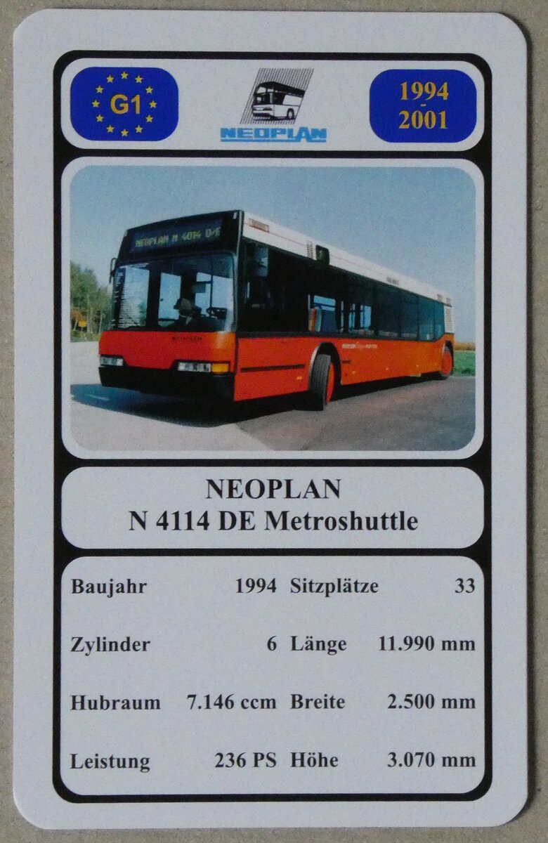 (280'411) - Quartett-Spielkarte mit NEOPLAN N 4114 DE Metroshuttle von 1994 am 14. September 2025 in Thun (280'411) - Quartett-Spielkarte mit NEOPLAN N 4114 DE Metroshuttle von 1994 am 14. September 2025 in Thun
