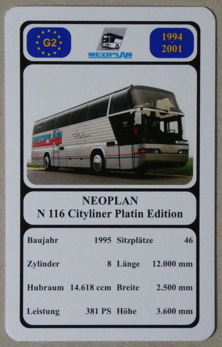 (280'412) - Quartett-Spielkarte mit NEOPLAN N 116 Cityliner Platin Edition von 1995 am 14. September 2025 in Thun (280'412) - Quartett-Spielkarte mit NEOPLAN N 116 Cityliner Platin Edition von 1995 am 14. September 2025 in Thun