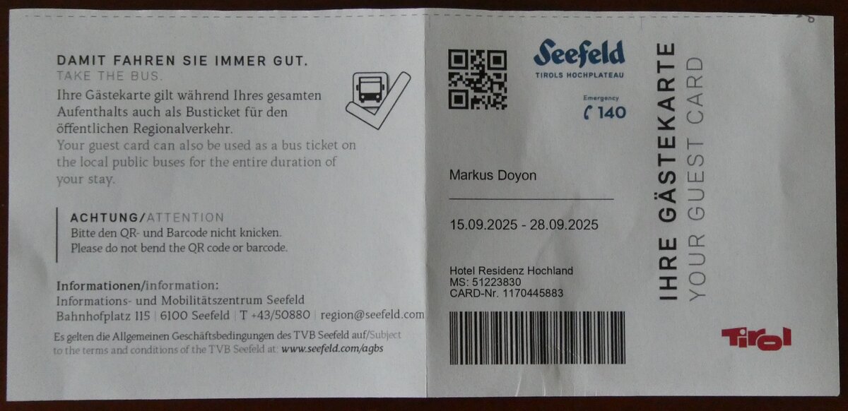 (280'426) - Gästekarte von Seefeld i.T. am 16. September 2025 in Seefeld, Hotel Hochland (280'426) - Gästekarte von Seefeld i.T. am 16. September 2025 in Seefeld, Hotel Hochland