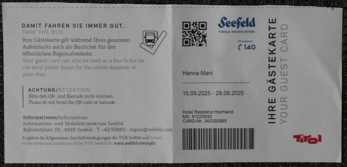(280'467) - Gästekarte von Seefeld i.T. an 16. September 2025 in Seefeld, Hotel Hochland (280'467) - Gästekarte von Seefeld i.T. an 16. September 2025 in Seefeld, Hotel Hochland