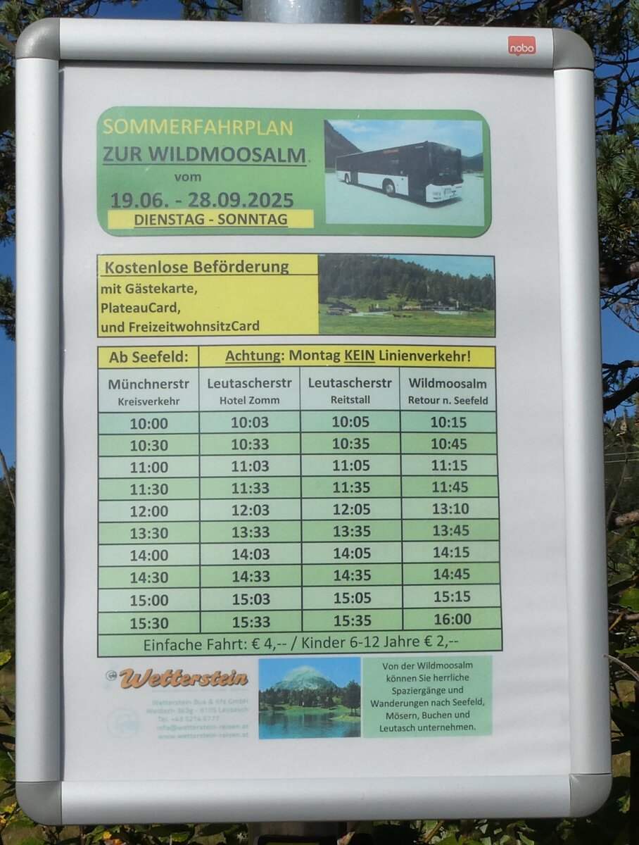 (280'514) - Wetterstein-Fahrplan ab Seefeld, Wildmoosalm nach Seefeld, Münchnerstr. Kreisverkehr am 18. September 2025 in Seefeld, Wildmoosalm (280'514) - Wetterstein-Fahrplan ab Seefeld, Wildmoosalm nach Seefeld, Münchnerstr. Kreisverkehr am 18. September 2025 in Seefeld, Wildmoosalm