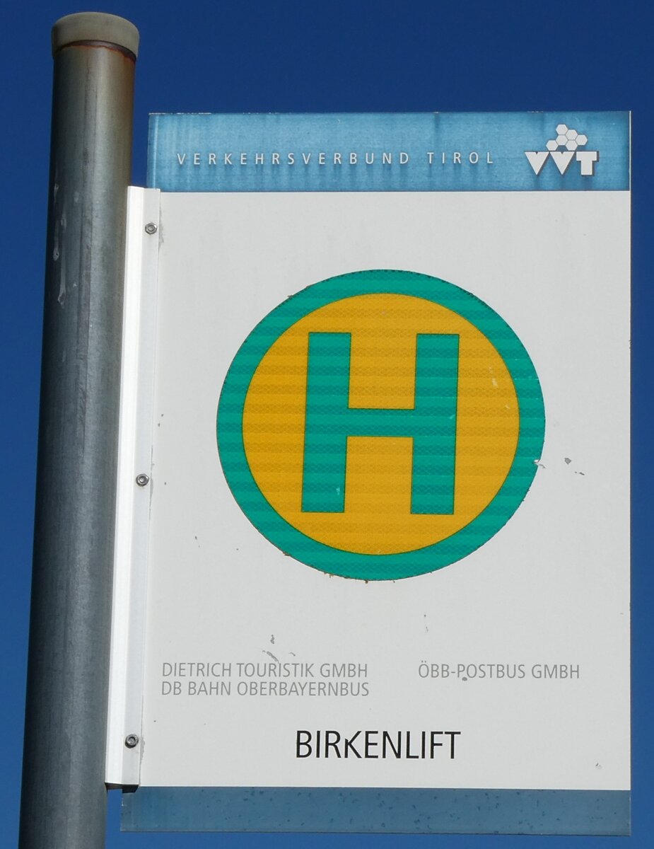 (280'618) - DIETRICH-TOURISTIK/DB/ÖBB-POWTBUS- Haltestellenschild - Seefeld, Birkenlift - am 20. September 2025 (280'618) - DIETRICH-TOURISTIK/DB/ÖBB-POWTBUS- Haltestellenschild - Seefeld, Birkenlift - am 20. September 2025