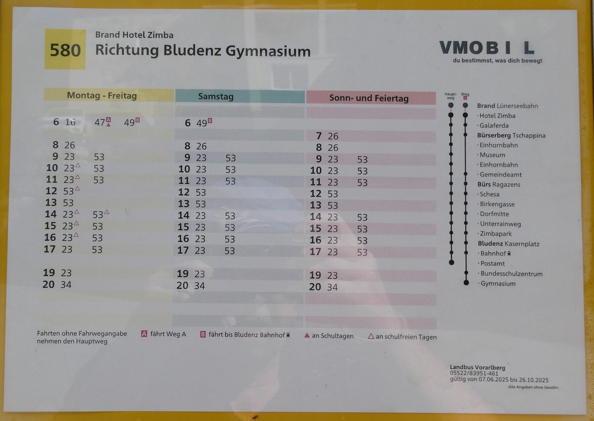 (280'640) - Landbus Vorarlberg-Fahrplan ab Brand, Hotel Zimba nach Bludenz, Gymnasium am 21. September 2025 in Brand, Hotel Zimba (280'640) - Landbus Vorarlberg-Fahrplan ab Brand, Hotel Zimba nach Bludenz, Gymnasium am 21. September 2025 in Brand, Hotel Zimba