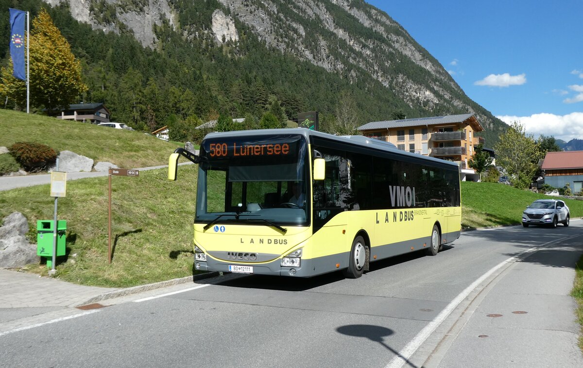 (280'641) - Landbus Brandnertal, Bludenz - BD BD 12'111 - Iveco am 21. September 2025 in Brand, Hotel Zimba (280'641) - Landbus Brandnertal, Bludenz - BD BD 12'111 - Iveco am 21. September 2025 in Brand, Hotel Zimba