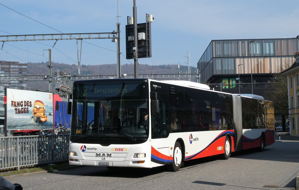 (285'493) - RVBW Wettingen - Nr. 193/AG 563'101 - MAN (ex Twerenbold, Baden Nr. 306) am 19. M�rz 2026 beim Bahnhof Baden