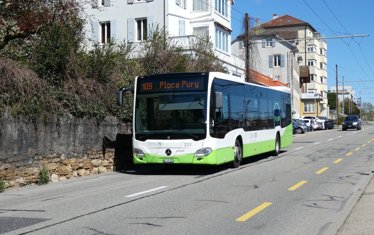 (285'948) - transN, La Chaux-de-Fonds - Nr. 231/NE 195'231 - Mercedes am 4. April 2026 beim Bahnhof Neuch�tel