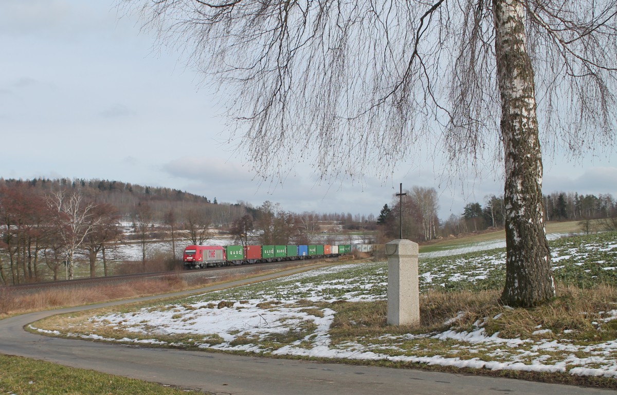 290082 mit dem Wiesau Containerzug nach Hamburg bei Lengenfeld. 04.03.16