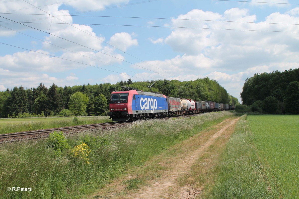 482 005-6 zieht bei der Stromkreistrennstelle Bischofsheim einen KLV-Zug. 20.05.15