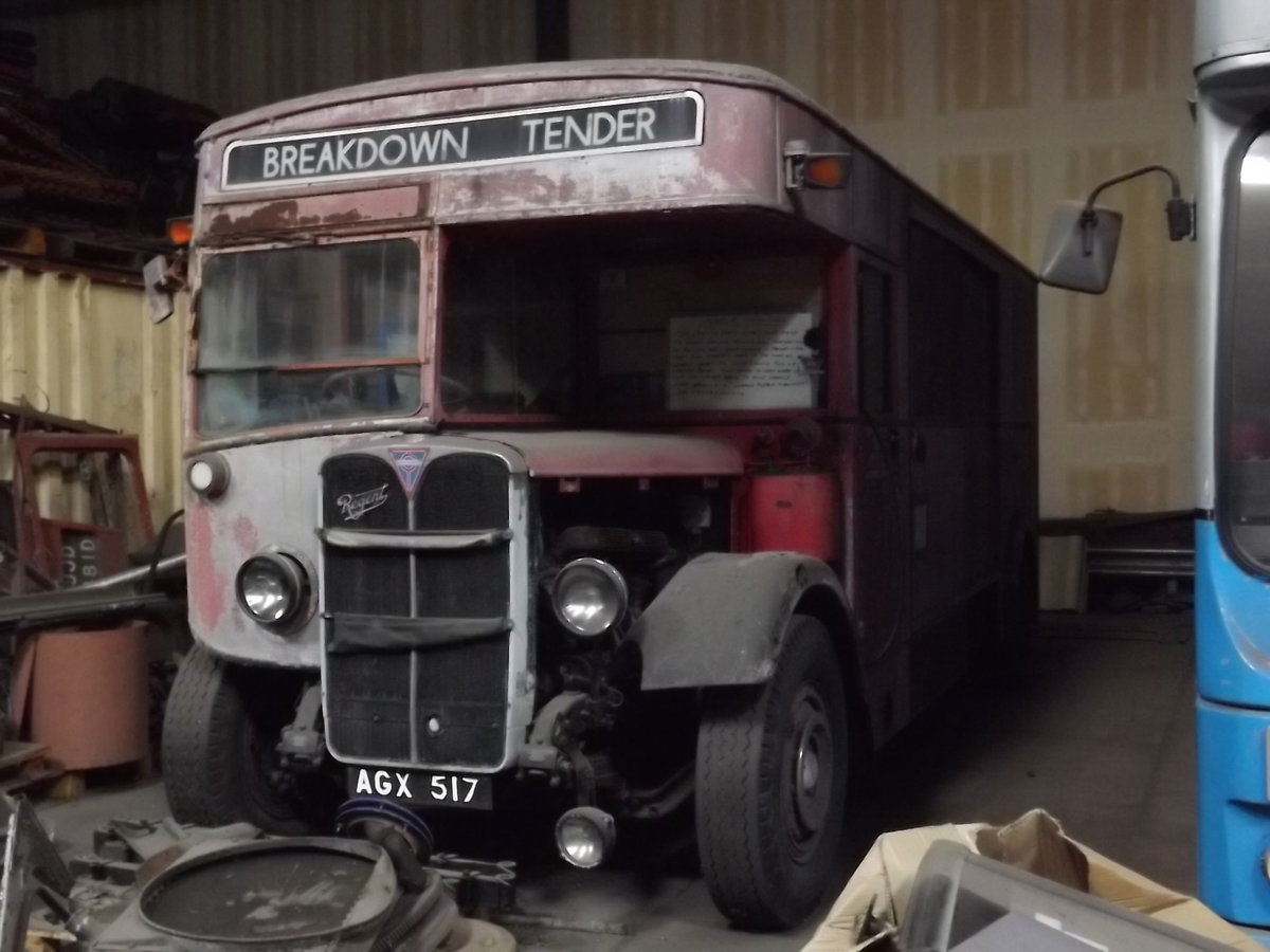 AGX 517
AEC Regent O661
London General Omnibus Company (LGOC) H34/26R
London General STL175

New as a double decker, this bus was converted in February 1950 to a recovery vehicle.
Subsequently exported to Florida, USA, it was repatriated in 2011 and is seen on Saturday 20th July 2013 awaiting restoration at Ensignbus, Purfleet, Essex, England.