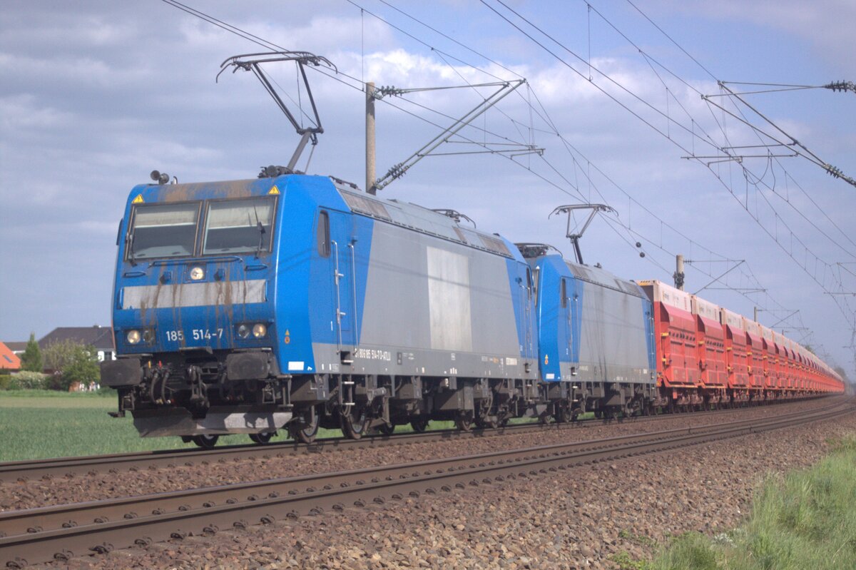 ATLU BR 185 514-7 + BR 185 ???-? mit Erzbomber durch Vöhrum am 14.Mai 2022