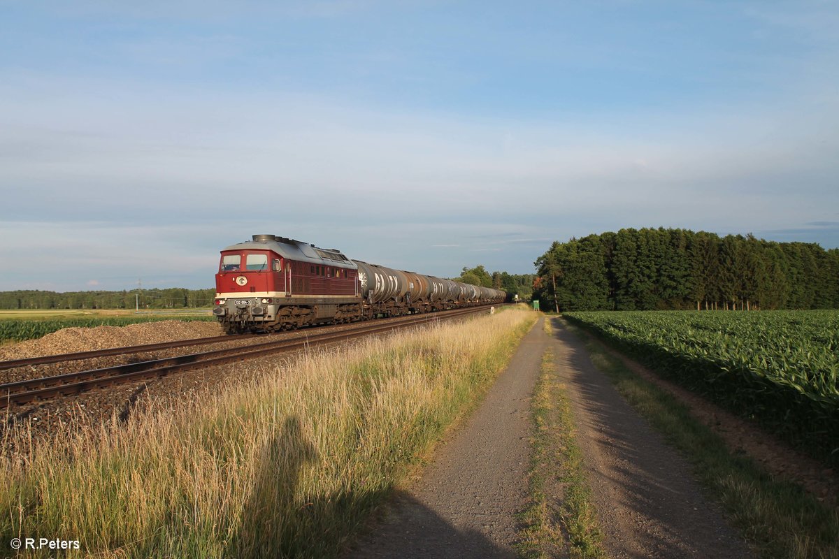 Der Untergehenden Sonne entgegen (fast) hieß es für 132 004-3 als sie mit ihrem Kesselzug aus Neustadt a.d. Donau bei Oberteich in Richtung Stendal??? vorbei fuhr.28.06.17