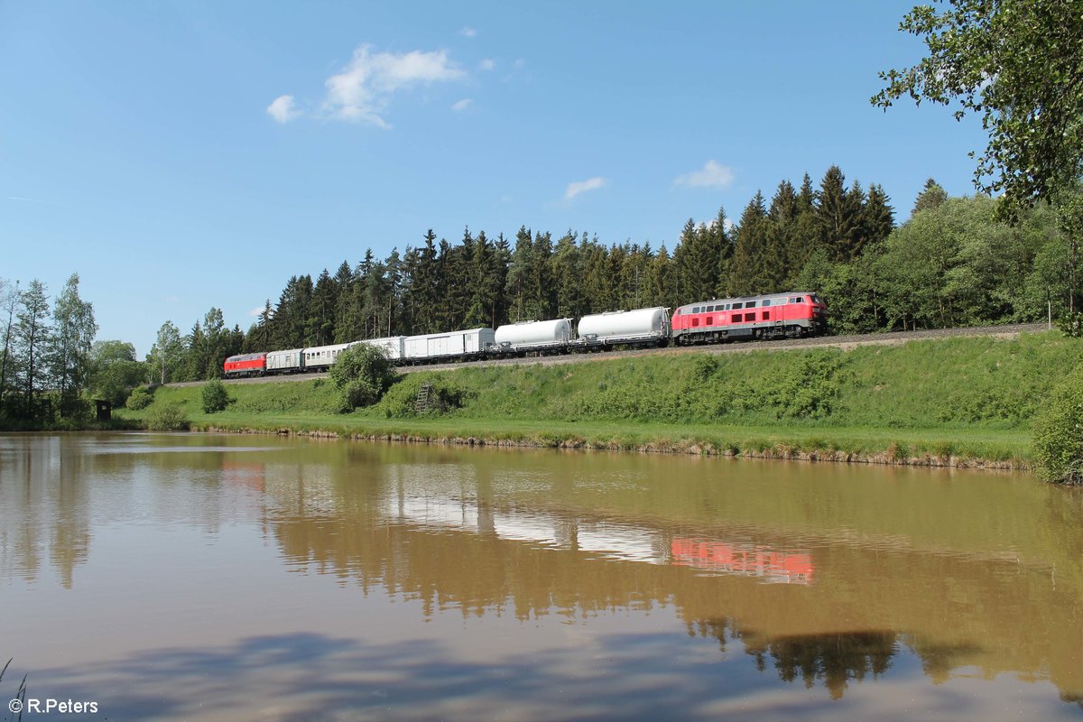 Die beiden Mühldorfer 218er brachten einen  Blümchentod  Spritzzug von Passau nach Hof als Bauz 80260. Gezogen von 218 433 und geschoben von 218 452 bei Oberteich. 21.05.18