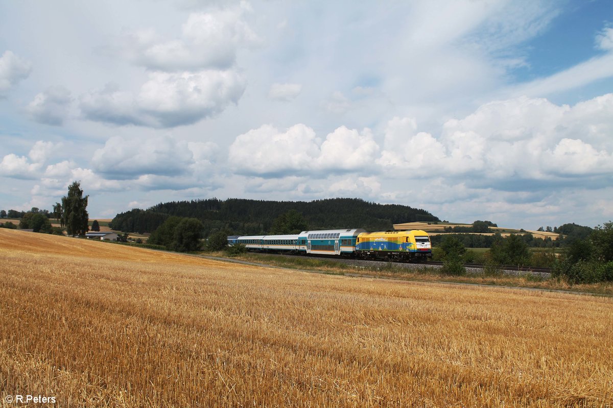 Die Sommerernte ist im vollem Gange als ER20 013 alias Bodo mit dem ALX84108 Hof - München bei Lengenfeld an einem abgeernteten Feld richtung Süden vorbei zog. 29.07.18
