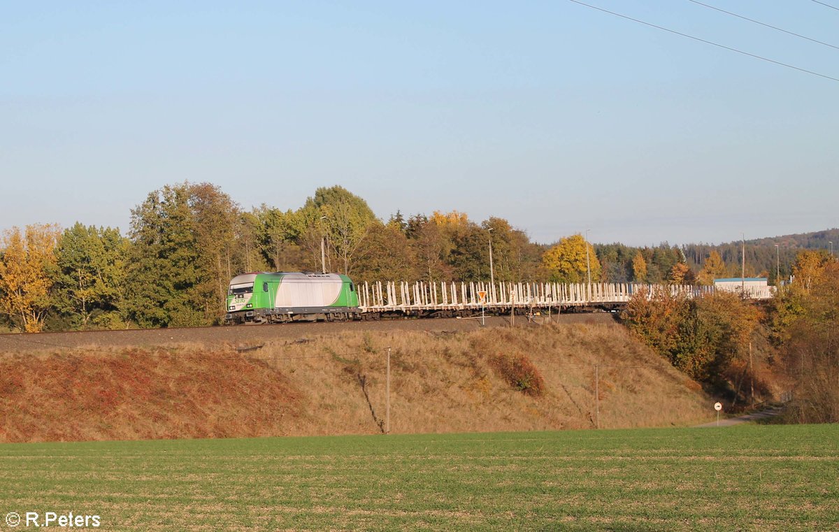 ER20-01 zieht bei Pechbrunn ein leeren Holzzug von Regensburg nach Cheb. 12.10.18