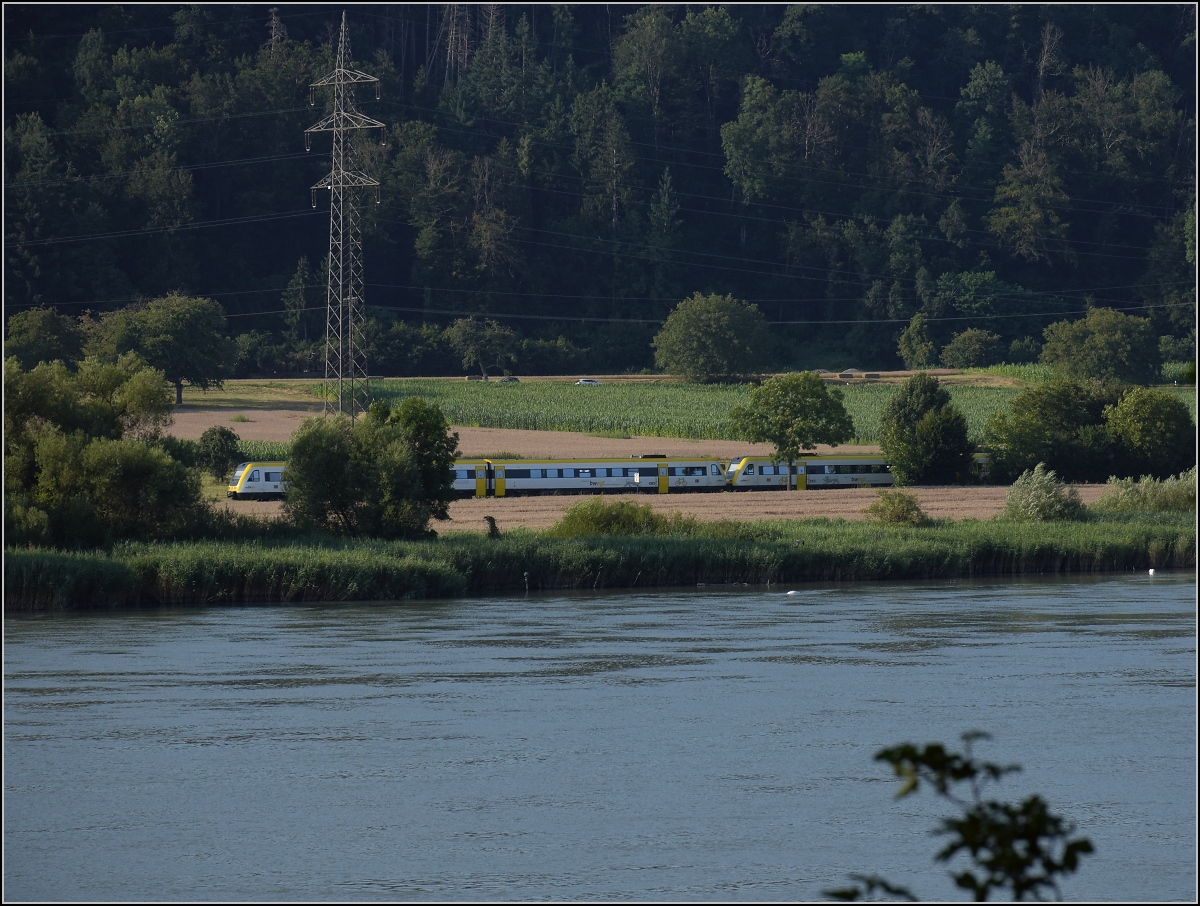 Hochwasser am Hochrhein.

Dem Oberwasser vom Kraftwerk Ryburg-Schwörstadt sieht man das Hochwasser nicht an, während in Deutschland eine Doppeltraktion 612 vorüberzieht. Juli 2021. 