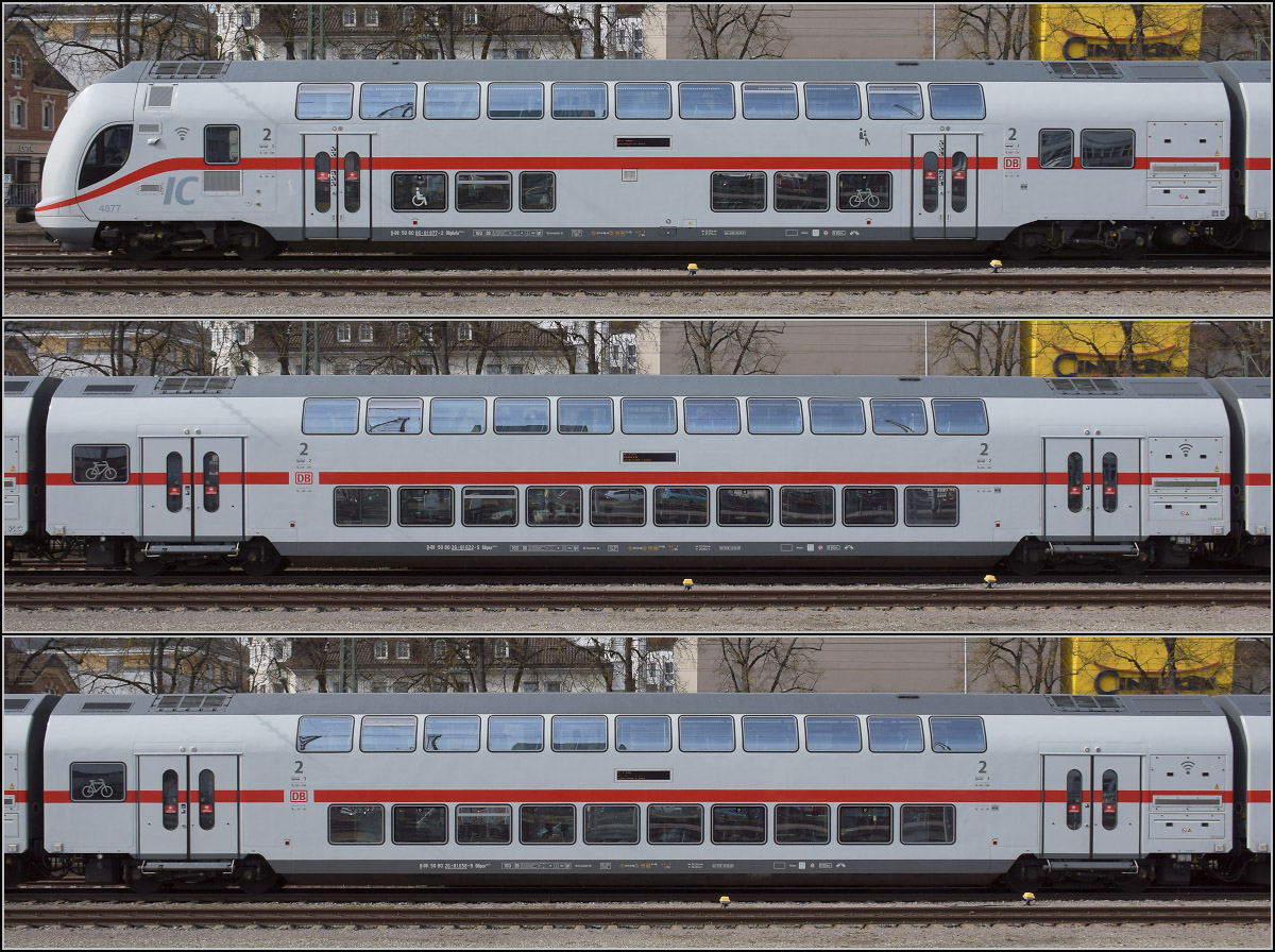 IC2 Zug 4877 Steuerwagenseite mit
D-DB 50 80 96-81 877-2 DBpbzfa 659.4 mit 59 Sitzplätzen
D-DB 50 80 26-81 622-5 DBpza 682.4 mit 113 Sitzplätzen
D-DB 50 80 26-81 658-9 DBpza 682.4 mit 113 Sitzplätzen

Singen, März 2022.