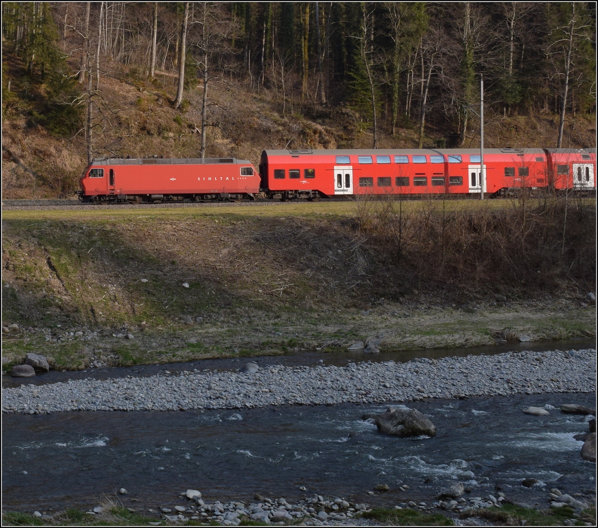 Pendelzug der SZU mit Re 456 105 zwischen Gattikon und Sihlwald. März 2022.