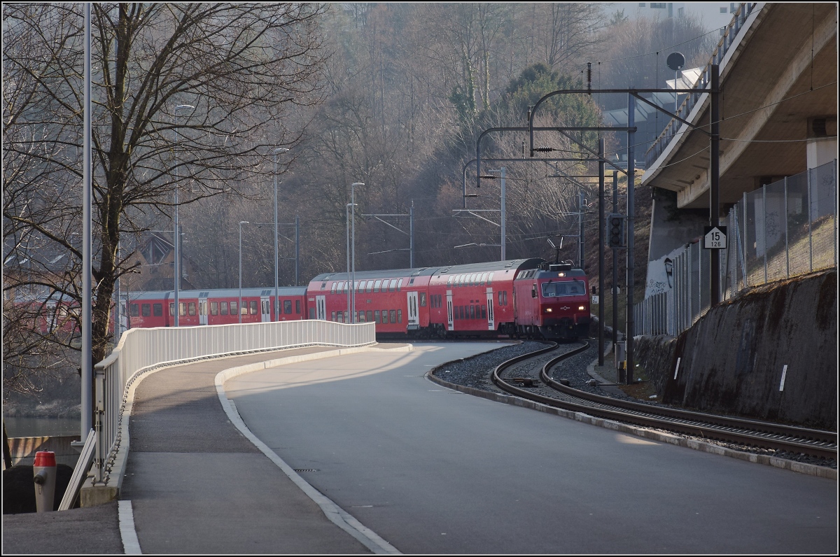 S 4 mit Re 456 105 (SZU Re 544) bei Einfahrt nach Adliswil. März 2022.