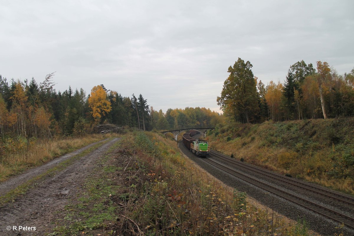 V1700.03 alias 277 004 zieht bei Wiesau den leeren Holzzug nach Cheb. 24.10.16