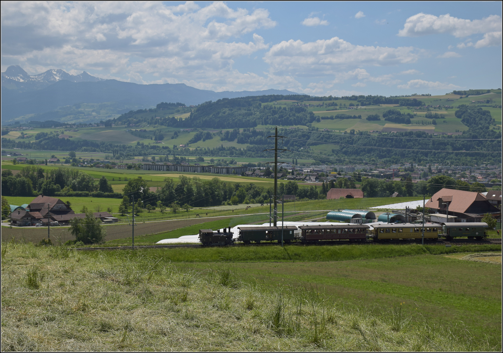 150 Jahre Emmentalbahn. 

Ed 3/4 51 der Bern-Schwarzenburg-Bahn auf dem Weg nach Konolfingen. Tägertschi, Mai 2025.