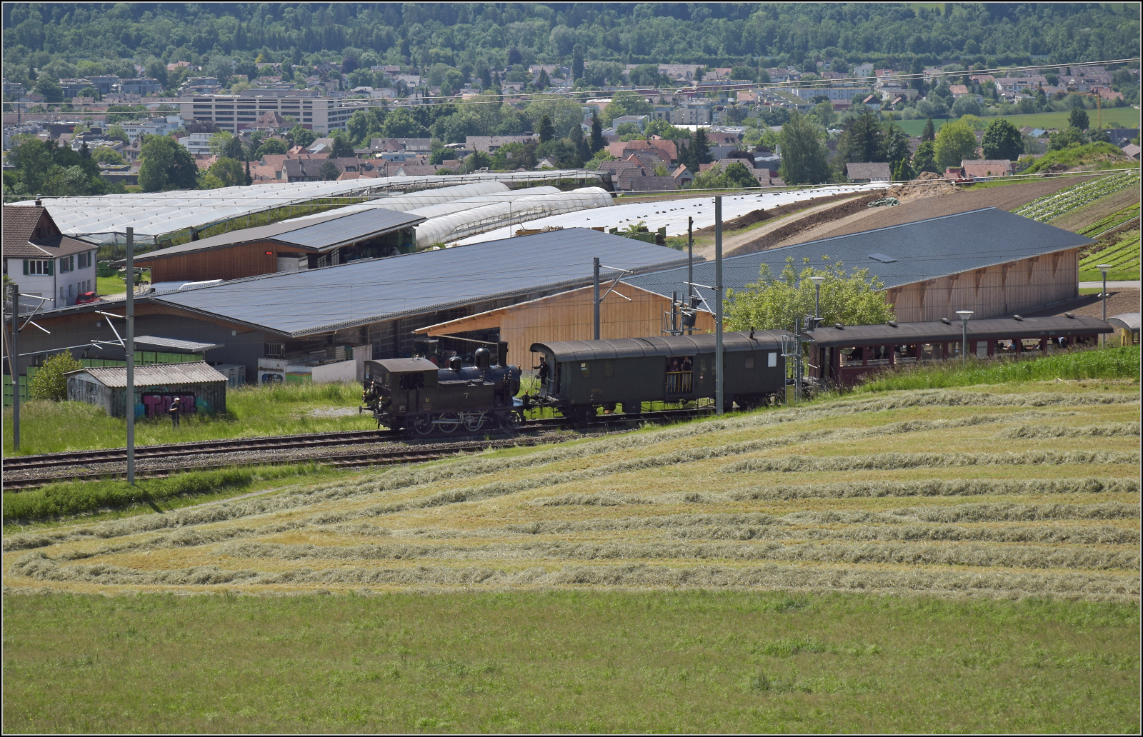 150 Jahre Emmentalbahn. 

Ed 3/4 51 der Bern-Schwarzenburg-Bahn auf dem Weg nach Konolfingen. Tägertschi, Mai 2025.