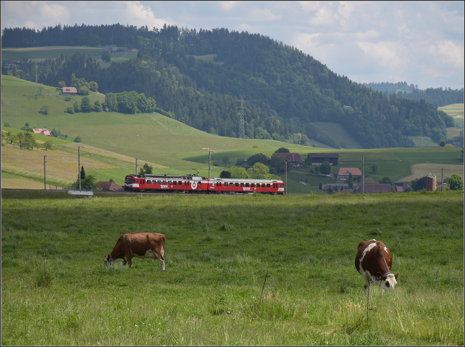 150 Jahre Emmentalbahn. 

Frosch und Wildsau sind längst verschwunden, der Emmentaler RBDe 566 222 ist wieder daheim und strahlt im RM-Rot. Hier kommt er die Rampe von Großhöchstetten (im Hintergrund) nach Konolfingen runtergefahren. Konolfingen Dorf, Mai 2025.