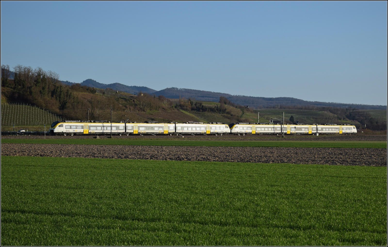 463 006 und 463 023 sind südwärts bei Hügelheim unterwegs. Februar 2026.