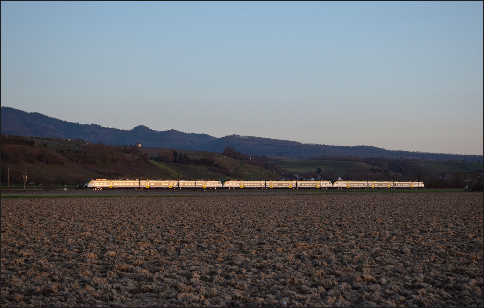 463 010, 463 018 und 463 014 fahren bei Hügelheim im Abendlicht südwärts. Februar 2026.
